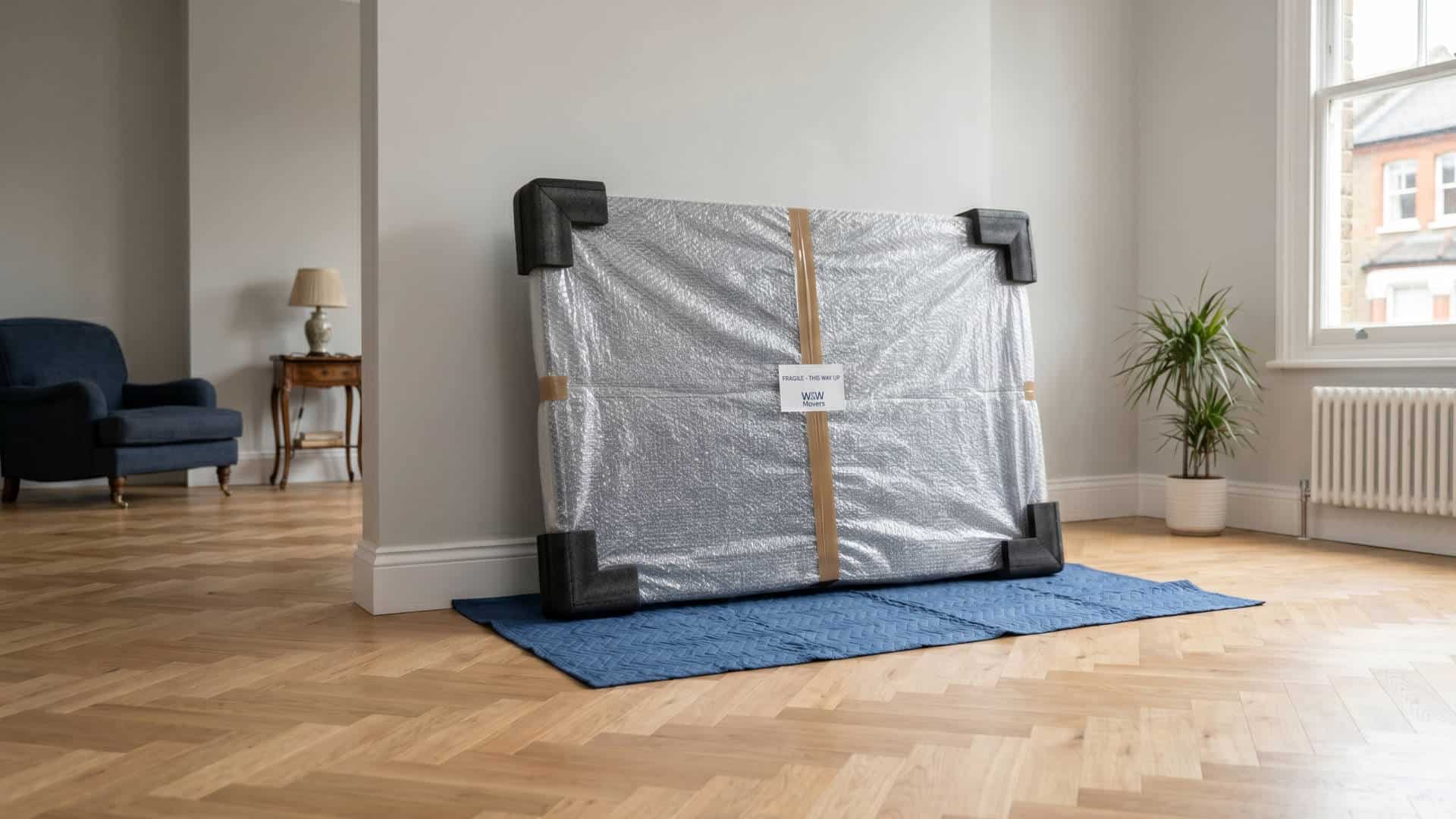 A large 65-inch flat-screen TV meticulously wrapped in clear bubble wrap with black foam corner protectors, leaning against a neutral grey wall in a spacious London room