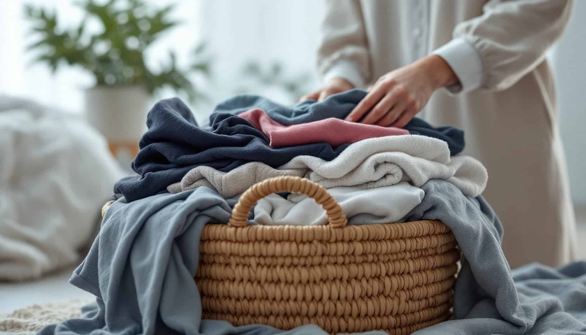Person organising a basket full of folded clothes during the decluttering process while preparing for a move
