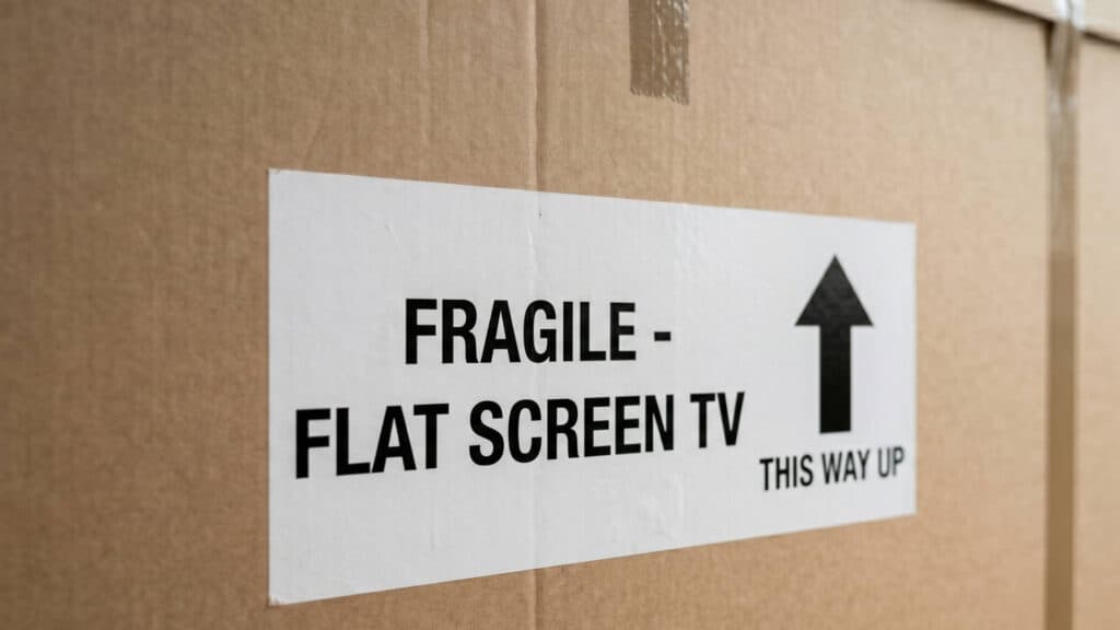 close-up of a white adhesive shipping label affixed to a brown cardboard removal box. The label features bold black text reading 'FRAGILE - FLAT SCREEN TV' and a clear upward-pointing arrow next to the text 'THIS WAY UP'