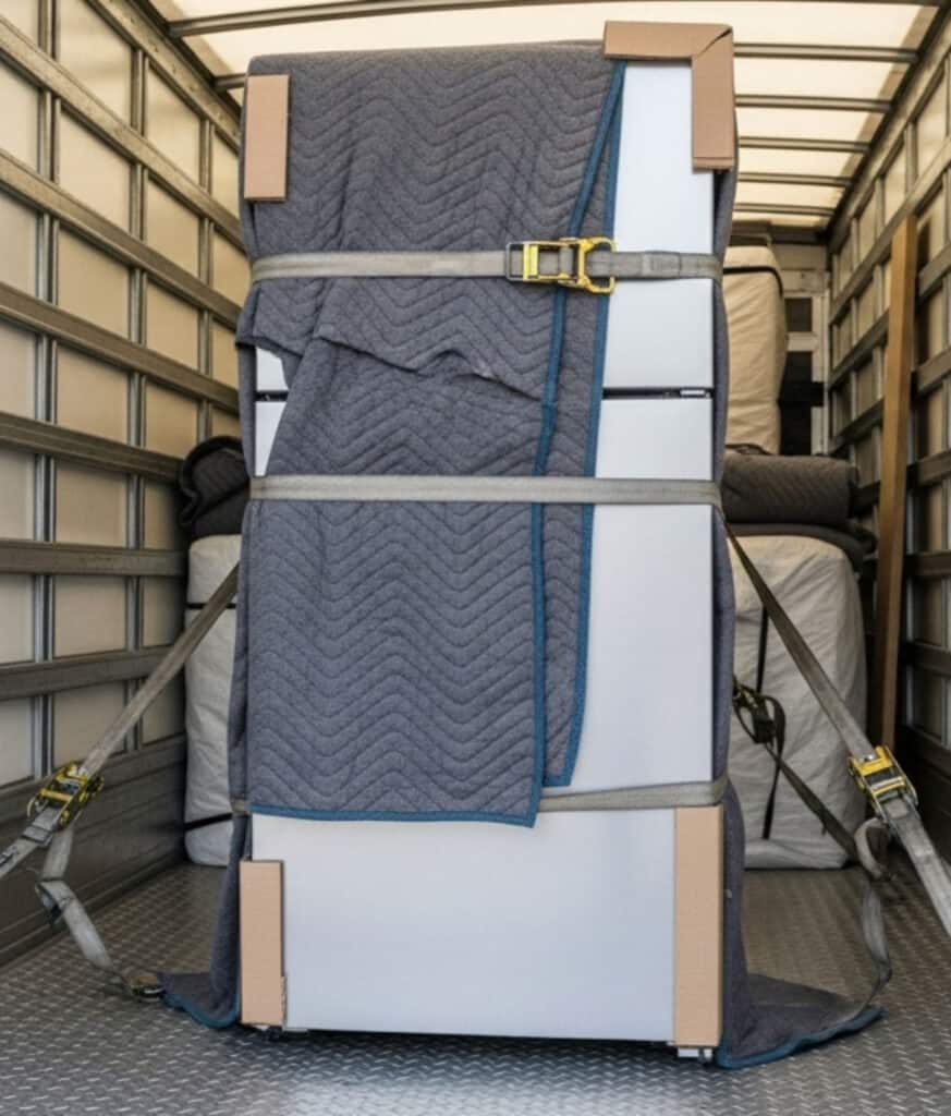 A fridge secured with straps and protective padding inside a removal van