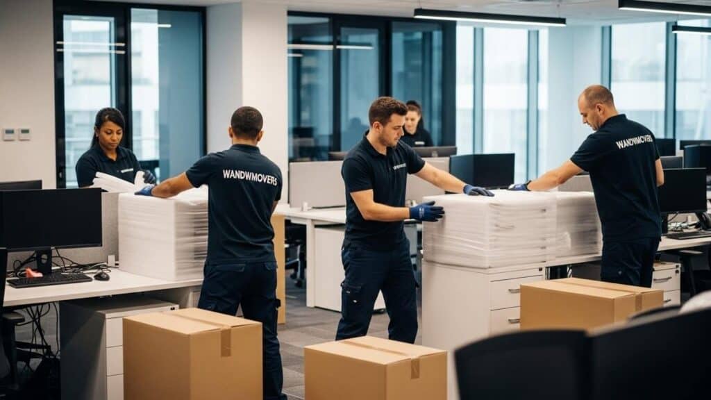 Team of office movers packing desks and equipment in a modern open-plan workplace